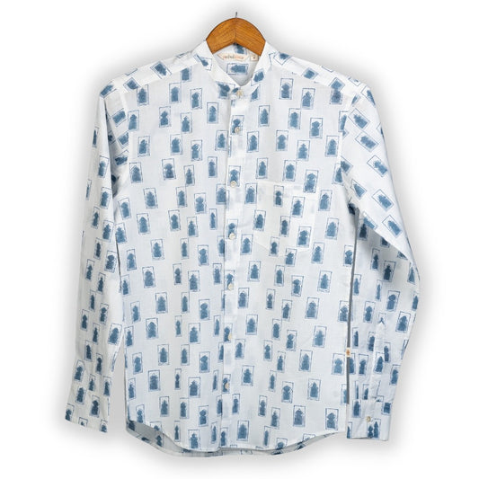Full Sleeve Indian Hand Block Print Shirt Jaipur Jarokha Blue Design Shirt 100% Cotton Fabric