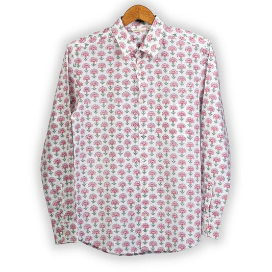 Full Sleeve Indian Hand Block Print Shirt Pink Buti Big Design Shirt 100% Cotton Fabric