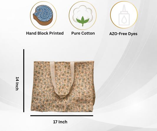Awdhesh Kumar Beige Blossom Cotton Hand Block Printed Tote Bag for Women