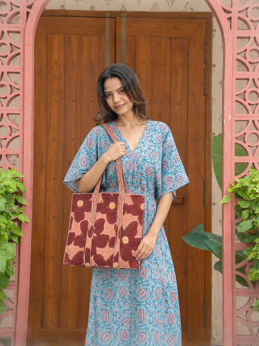 Awdhesh Kumar Vintage Crimson Cotton Hand Block Printed Tote Bag for Women