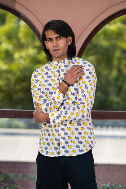 Full Sleeve Indian Hand Block Print Shirt Stylish Rhino – Casual Trendy Wear Shirt 100% Cotton Fabric