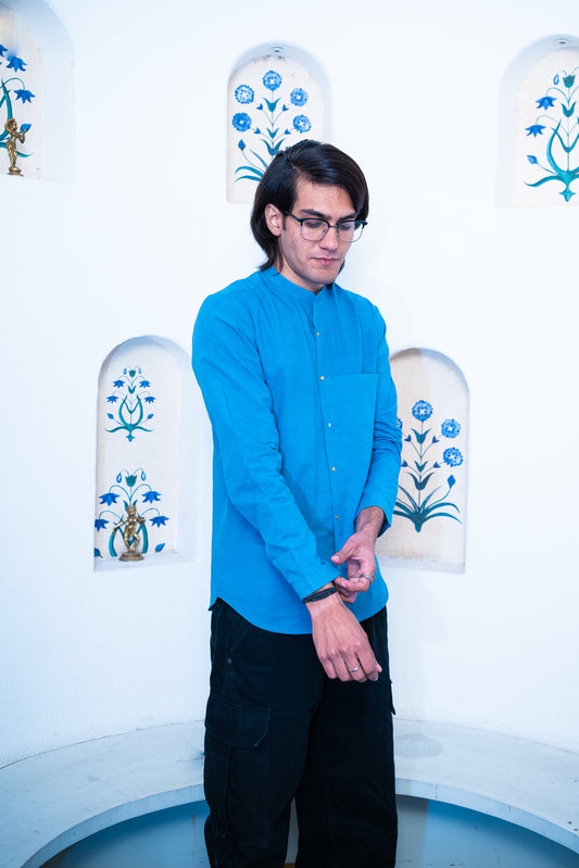 Full Sleeve Indian Classic Stylish Sky Blue Mandarin Collar Shirt for Men