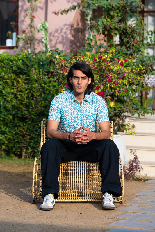 half sleeve Indian Hand Block Print Shirt Aqua Dot Print Casual Shirt – Fresh & Modern Style Shirt 100% Cotton Fabric