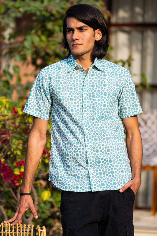 half sleeve Indian Hand Block Print Shirt Aqua Dot Print Casual Shirt – Fresh & Modern Style Shirt 100% Cotton Fabric