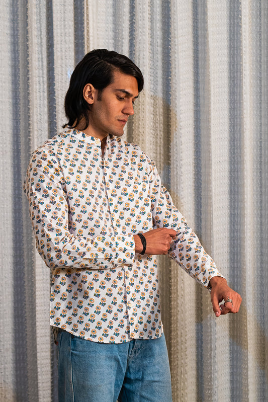 Full Sleeve Indian Hand Block Print Shirt Sunflower Buti Print Mandarin Collar Shirt 100% Cotton Fabric
