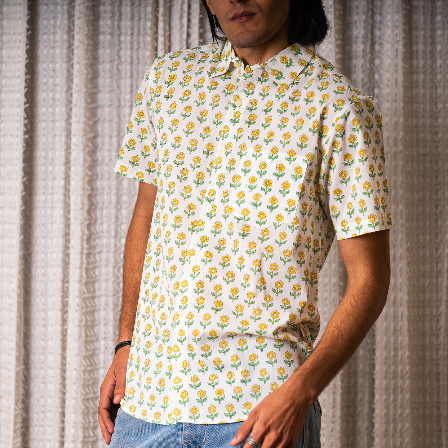 half sleeve Indian Hand Block Print Shirt Blooming Daisy Print Casual Shirt 100% Cotton Fabric