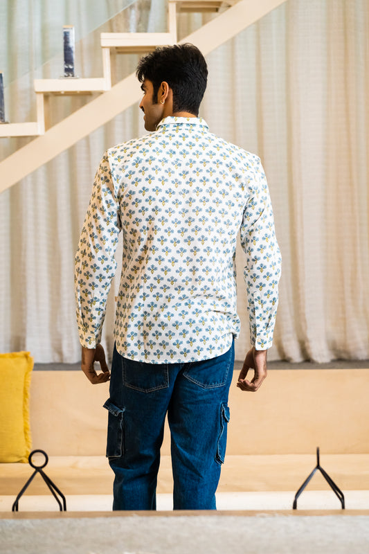 Full Sleeve Indian Hand Block Print Shirt Indigo Floral Buti Print Classic Shirt 100% Cotton Fabric