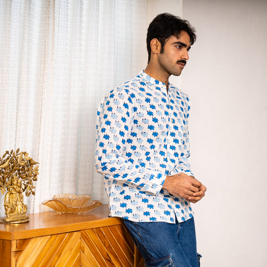 Full Sleeve Indian Hand Block Print Shirt Stylish White & Blue Printed Casual Shirt 100% Cotton Fabric