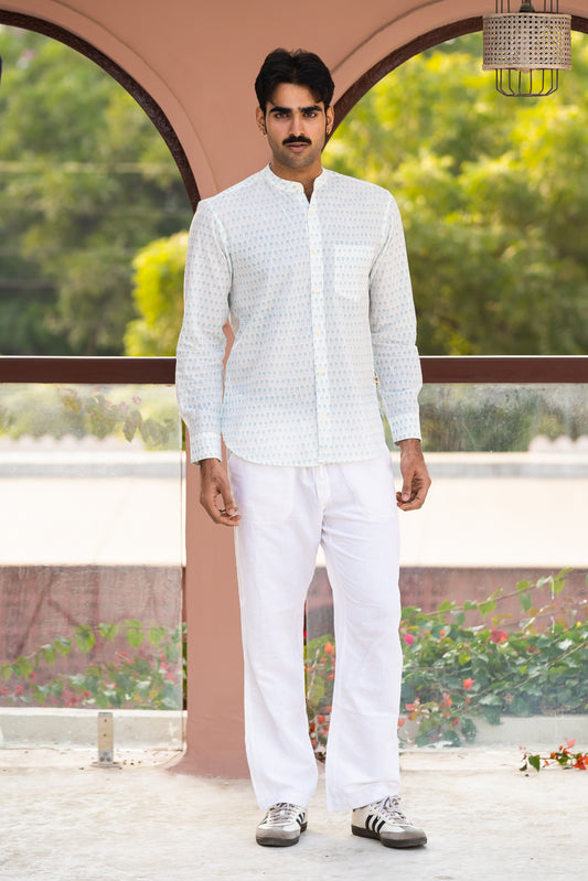 Full Sleeve Indian Hand Block Print Shirt Elegant Mint Motif Cotton Kurta Shirt 100% Cotton Fabric