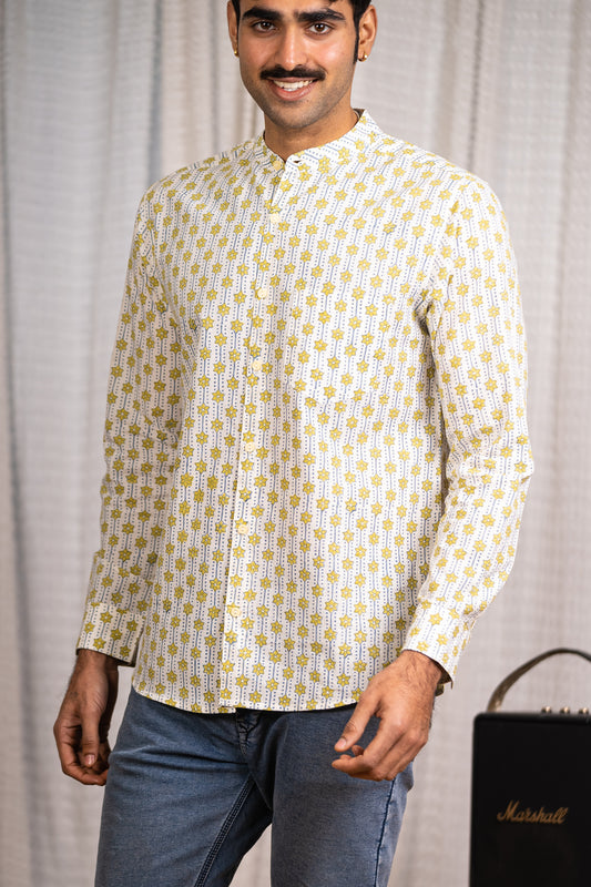 Full Sleeve Indian Hand Block Print Shirt Mustard Geometric Print Cotton Kurta 100% Cotton Fabric
