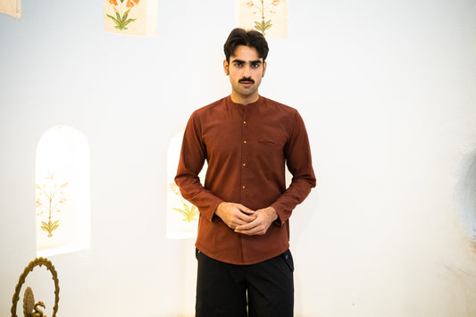 Full Sleeve Indian Classic Rust Brown Mandarin Collar Shirt for Men