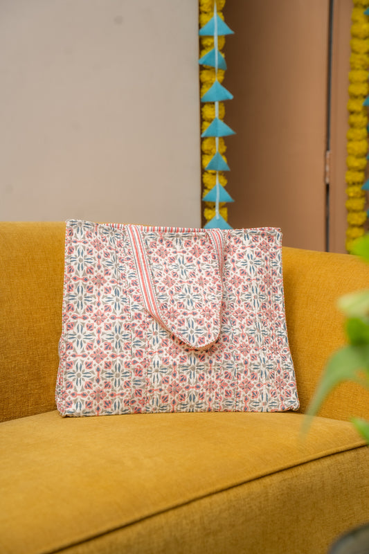 Awdhesh Kumar Star Blossom Motif Cotton Hand Block Printed Tote Bag for Women