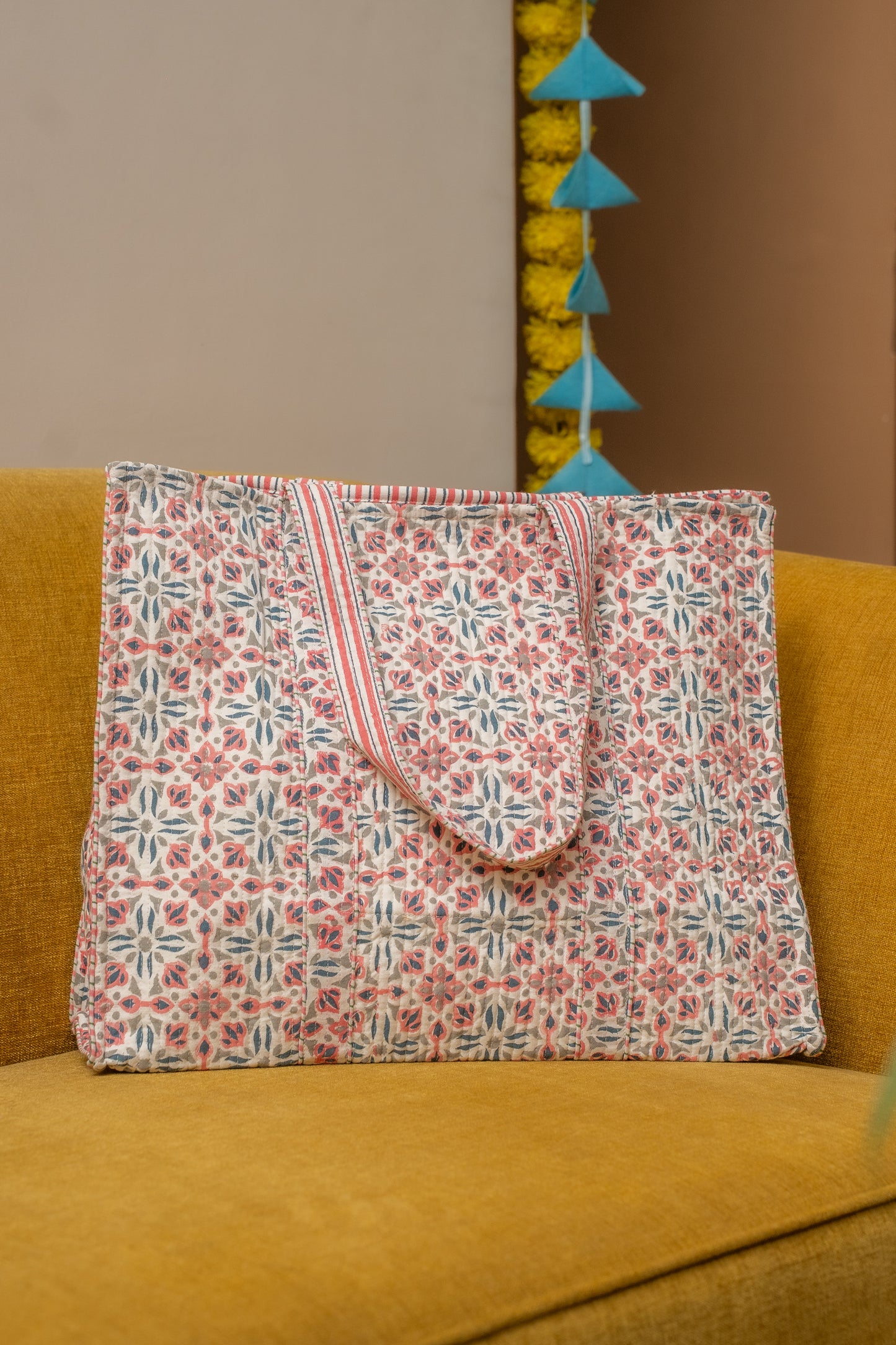 Awdhesh Kumar Star Blossom Motif Cotton Hand Block Printed Tote Bag for Women