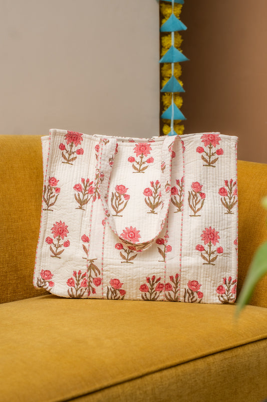 Awdhesh Kumar Repeating Blossom Cotton Hand Block Printed Tote Bag for Women