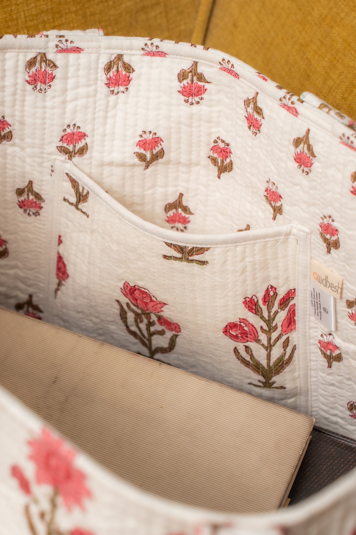 Awdhesh Kumar Repeating Blossom Cotton Hand Block Printed Tote Bag for Women