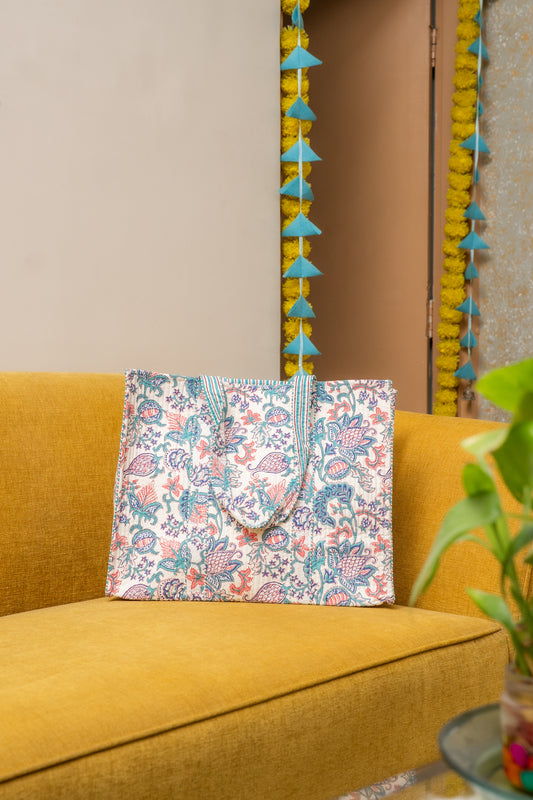 Awdhesh Kumar Botanical Paisley Cotton Hand Block Printed Tote Bag for Women