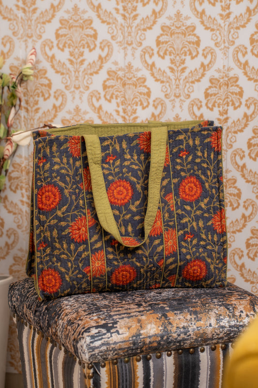 Awdhesh Kumar Chrysanthemum Garden Motif Cotton Hand Block Printed Tote Bag for Women