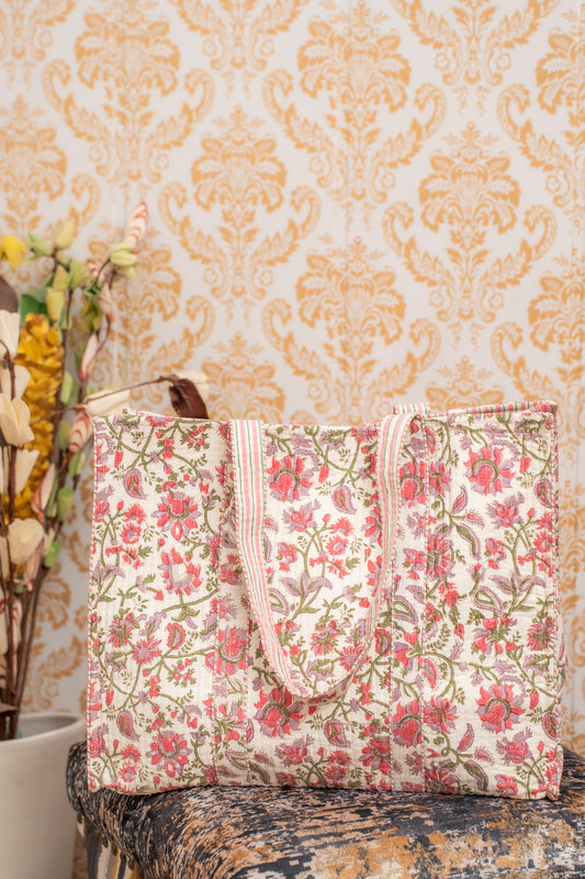 Awdhesh Kumar Blush Bloom Carryall Cotton Hand Block Printed Tote Bag for Women