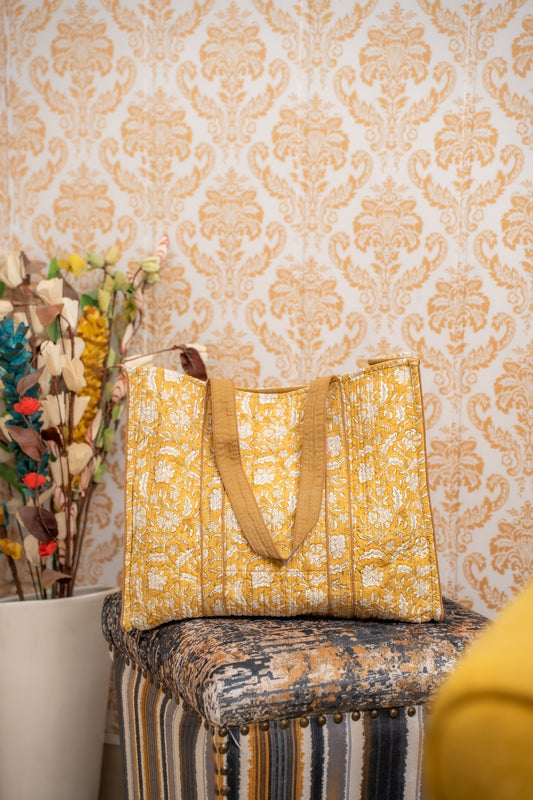 Awdhesh Kumar Sunflare Floral Carryall Cotton Hand Block Printed Tote Bag for Women