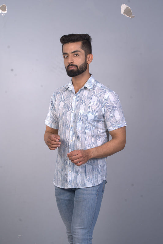 half sleeve Indian Hand Block Print Shirt Game of Line Blue Design Shirt 100% Cotton Fabric