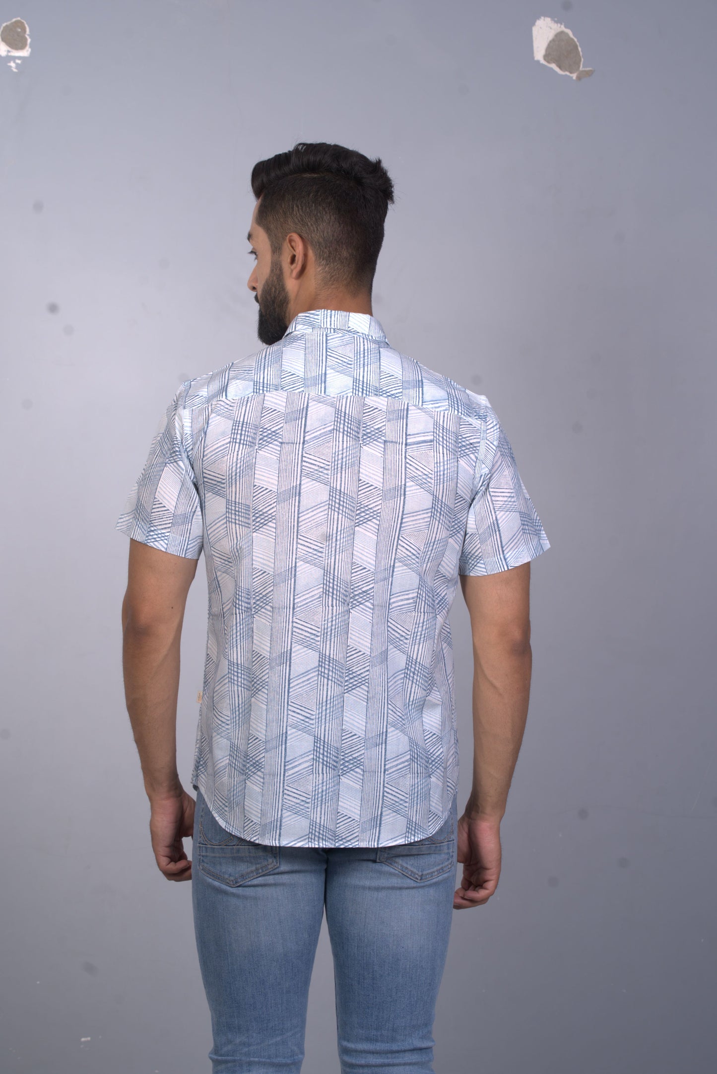 half sleeve Indian Hand Block Print Shirt Game of Line Blue Design Shirt 100% Cotton Fabric