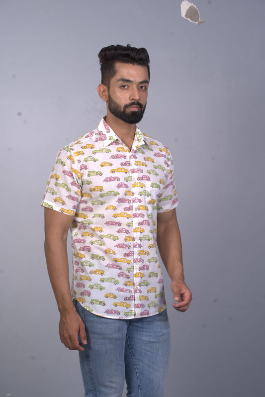 half sleeve Indian Hand Block Print Shirt Vintage Car Design Shirt 100% Cotton Fabric