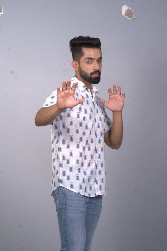half sleeve Indian Hand Block Print Shirt Jaipur Jarokha Blue Design Shirt 100% Cotton Fabric