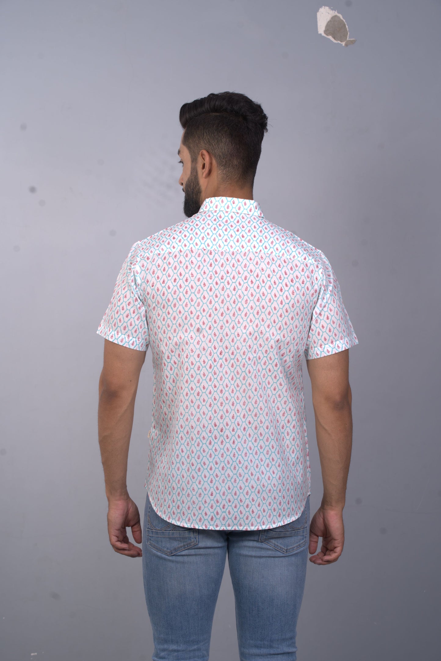 half sleeve Indian Hand Block Print Shirt Buti Grid Design Shirt 100% Cotton Fabric