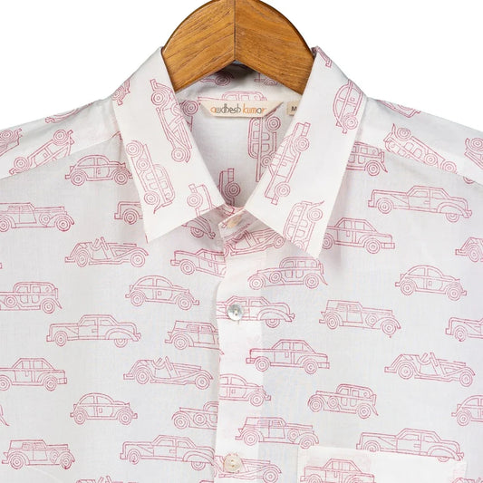 Full Sleeve Indian Hand Block Print Shirt Car Pink Design Shirt 100% Cotton Fabric