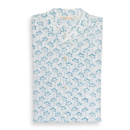 Full Sleeve Indian Hand Block Print Shirt Lotus Blue Design Shirt 100% Cotton Fabric
