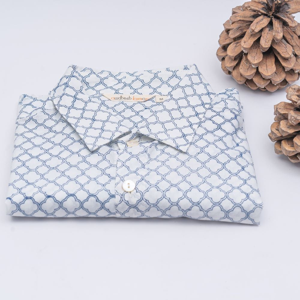 Full Sleeve Indian Hand Block Print Shirt Line Jali Blue Design Shirt 100% Cotton Fabric