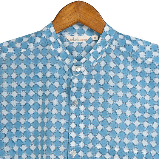 Full Sleeve Indian Hand Block Print Shirt Gud Jali Cornflower Blue Design Shirt 100% Cotton Fabric