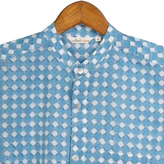 Full Sleeve Indian Hand Block Print Shirt Gud Jali Cornflower Blue Design Shirt 100% Cotton Fabric