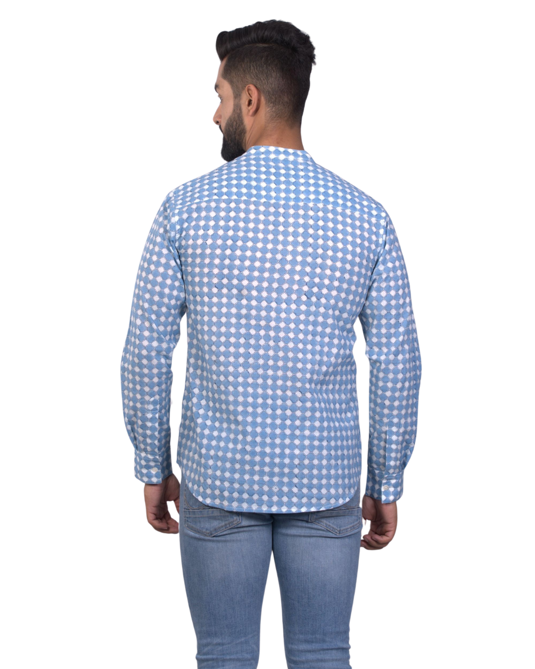 Full Sleeve Indian Hand Block Print Shirt Gud Jali Cornflower Blue Design Shirt 100% Cotton Fabric