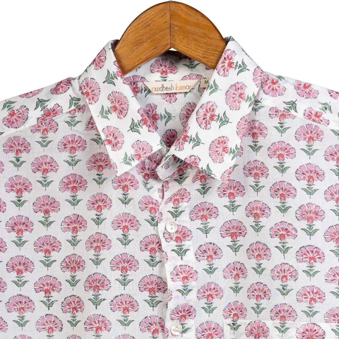 Full Sleeve Indian Hand Block Print Shirt Pink Buti Big Design Shirt 100% Cotton Fabric