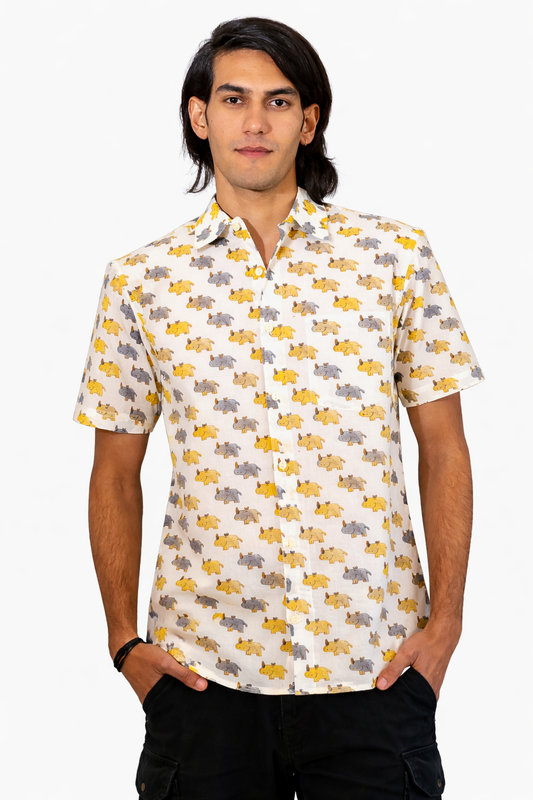 half sleeve Indian Hand Block Print Shirt Trendy Elephant Print Casual Stylish Look Shirt 100% Cotton Fabric