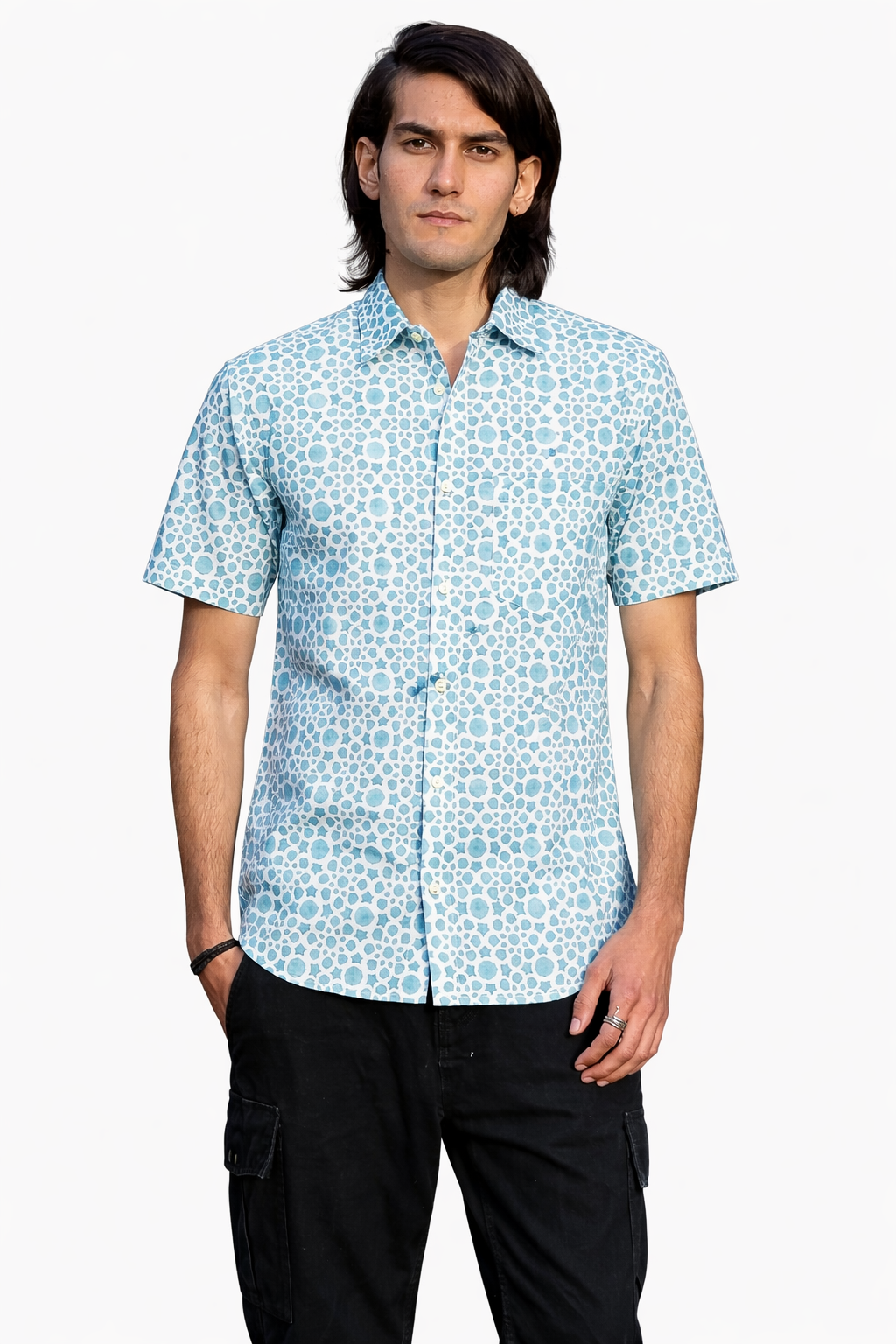 half sleeve Indian Hand Block Print Shirt Aqua Dot Print Casual Shirt – Fresh & Modern Style Shirt 100% Cotton Fabric