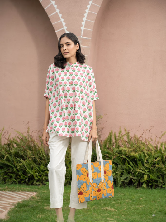 Awdhesh Kumar Butterfly Meadow Cotton Hand Block Printed Tote Bag for Women