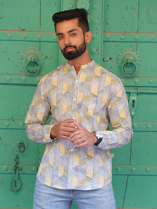 Full Sleeve Indian Hand Block Print Shirt Game of Line Retro Design Shirt 100% Cotton Fabric