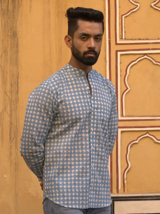 Full Sleeve Indian Hand Block Print Shirt Gud Jali Cornflower Blue Design Shirt 100% Cotton Fabric