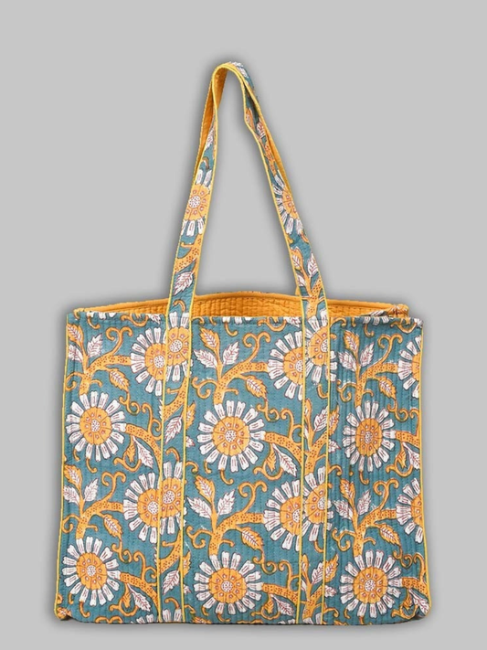 Cotton Hand Bag, Teal Marigold Heritage Tote Bags, Women hand bags, Tote bags for Girls, Fashion Tote bags, Printed Tote Bags