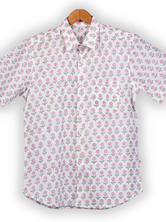 half sleeve Indian Pink Floral Buta Print Shirt Jharokha Design Shirt 100% Cotton Fabric