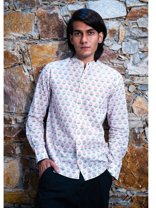 Full Sleeve Indian Hand Block Print Shirt Blush Bloom Print Mandarin Collar Shirt 100% Cotton Fabric