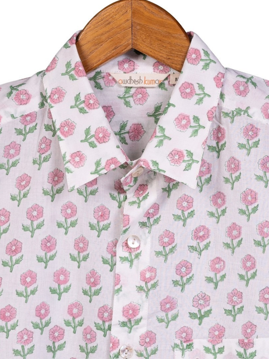 half sleeve Indian Pink Floral Buta Print Shirt Jharokha Design Shirt 100% Cotton Fabric