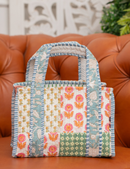 Rustic Floral Quilt Mosaic Tile Bag Cotton Hand Block Printed Tote Bag