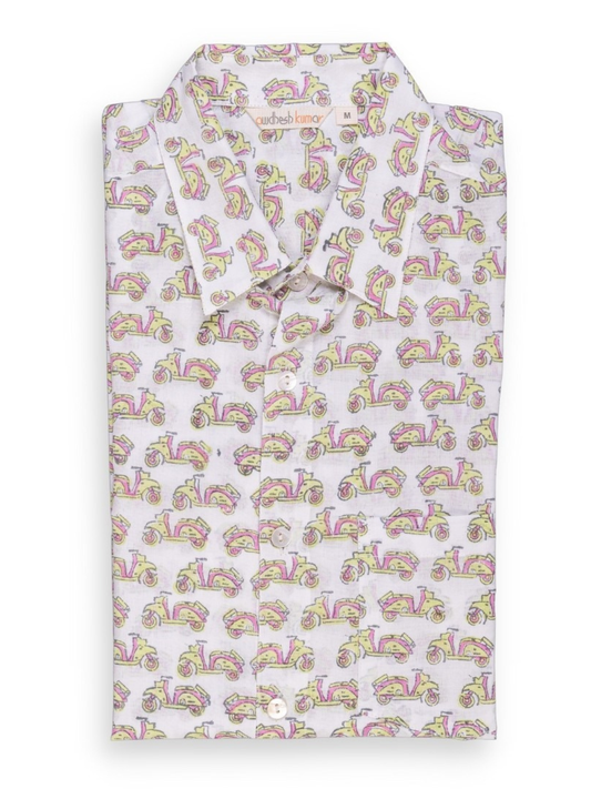 Short Sleeve Indian Classic Ride Motif Cotton Shirt 100% Cotton Fabric