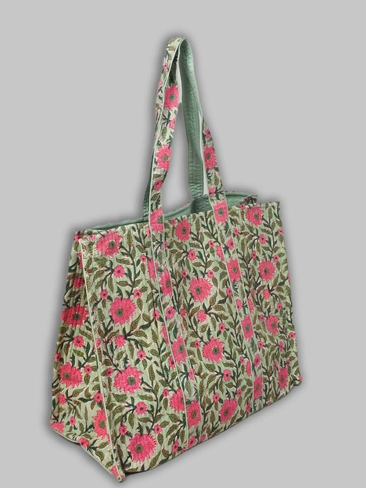 Cotton Hand Bag, Blossom Meadow Quilted Tote Bags, Women hand bags, Tote bags for Girls, Fashion Tote bags, Printed Tote Bags