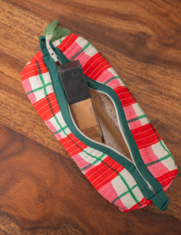 Classic Red & Green Plaid Check Print Pencil Pouch Cotton Hand Block Printed
