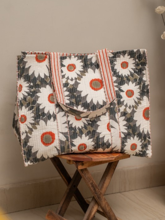 Awdhesh Kumar Midnight Petal Glow Cotton Hand Block Printed Tote Bag for Women