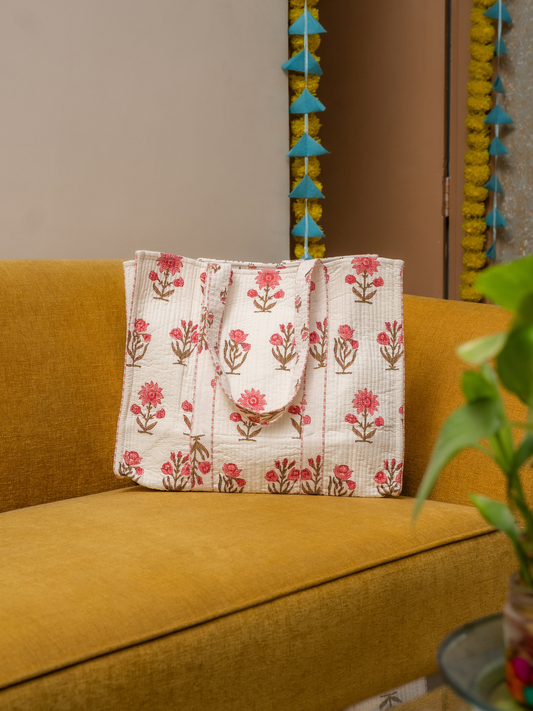 Awdhesh Kumar Repeating Blossom Cotton Hand Block Printed Tote Bag for Women